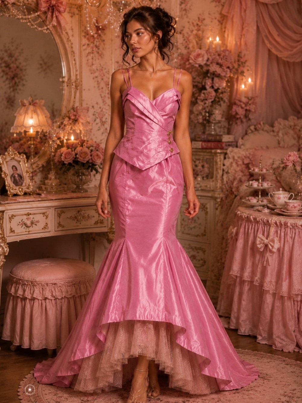 Vintage Rose Taft Couture Iridescent Pink high low Formal Gown